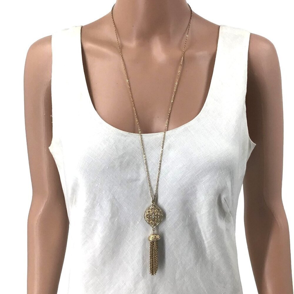 Tassel Necklace Gold Tone Rhinestone Inlay Adjustable Length Chain - Picture 3 of 4